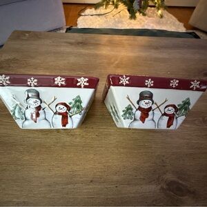 St. Nicolas Square Snowman Square Ceramic Bowls Set of 2 Christmas Holiday New